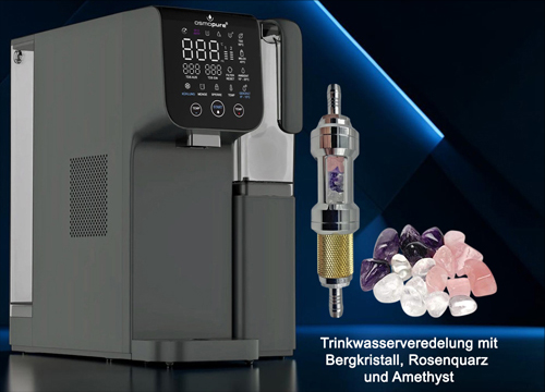 Trinkwasserveredelung mit Bergkristall, Rosenquarz und Amethyst in der Auftisch-Osmoseanlage Osmopure SMT 7000 Multione Wasserbar.