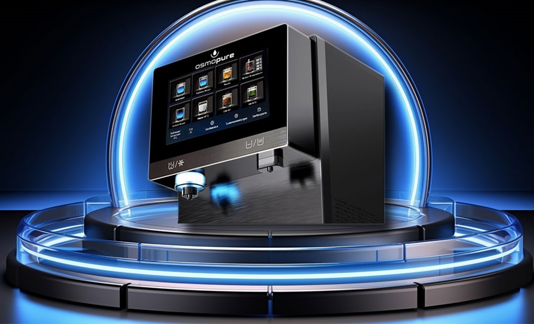 Sodawasser, Sprudelwasser, Wassersprudler Wasserspender Tischgerät mit Filterung nach dem prinzip der Umkehrosmose. Auftisch Osmoseanlage Tischgerät mit Kompressorkühlung.